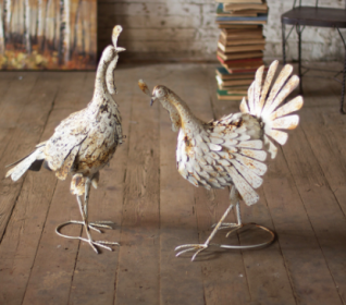 Set Of Two Antique White Metal Turkeys